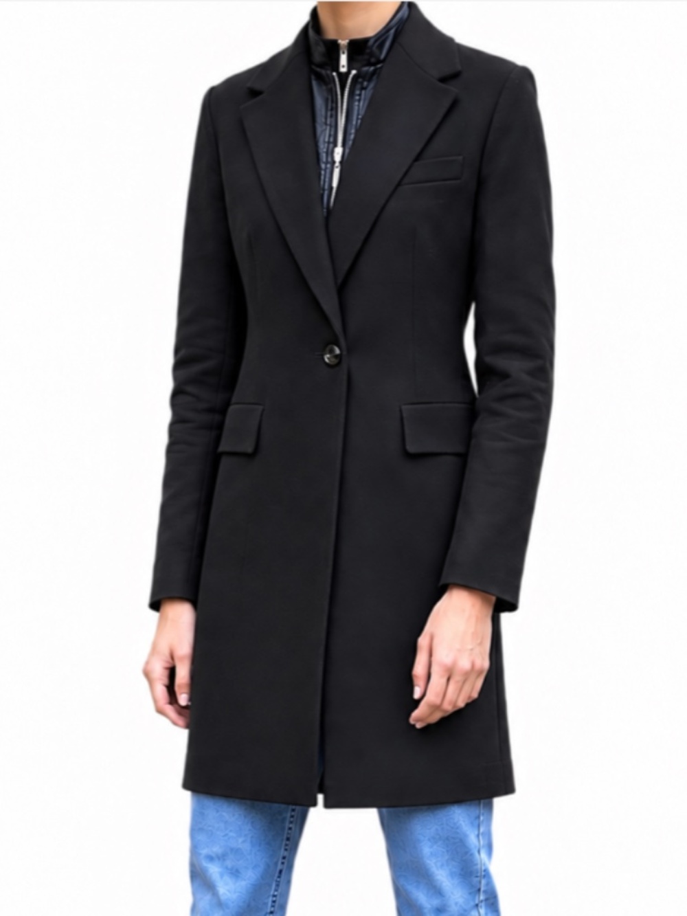 MNG black coat XS/S NWT elegant 1button 32" poly viscose gabardine pockets midi